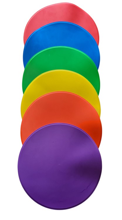6 cibles de couleurs violet, orange, jaune, vert, bleu et rouge. Vu coté lisse