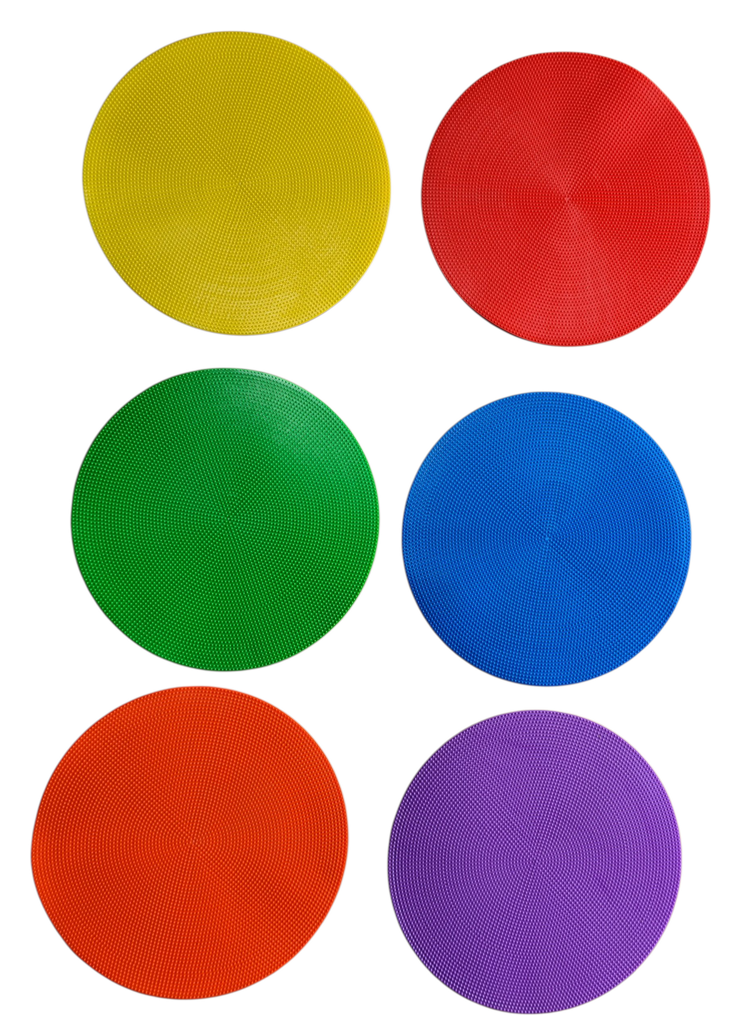 6 cibles de couleurs jaune, rouge, vert, bleu orange ou violet. Vu coté picots