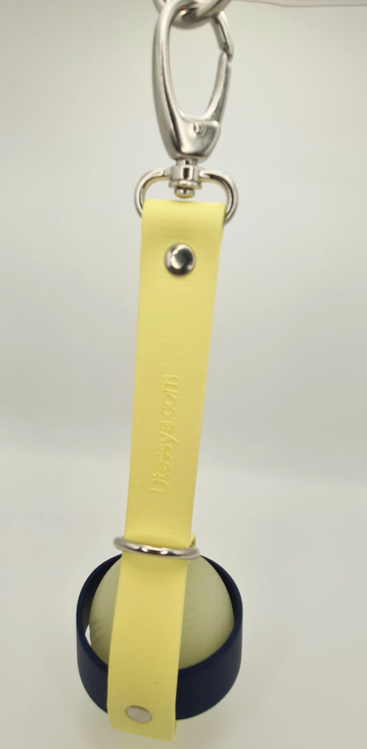 Porte-balle pour chien en sangle TPU jaune et bleu, bouclerie nickelée - modèle de création Utessya