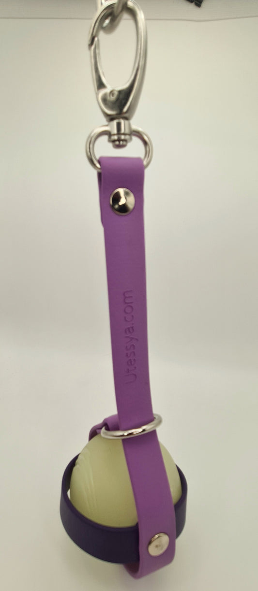 Porte-balle pour chien en sangle TPU mauve et violet, bouclerie nickelée - modèle de création Utessya